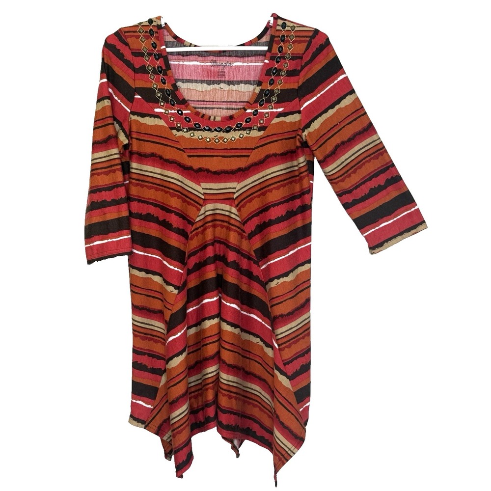 Wrangler Dress Womens Sz Large Multicolor‎ Stripe Embellished Scoop Neck Western